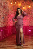 Women's V-Neck Stripe Shimmer Gown Dress