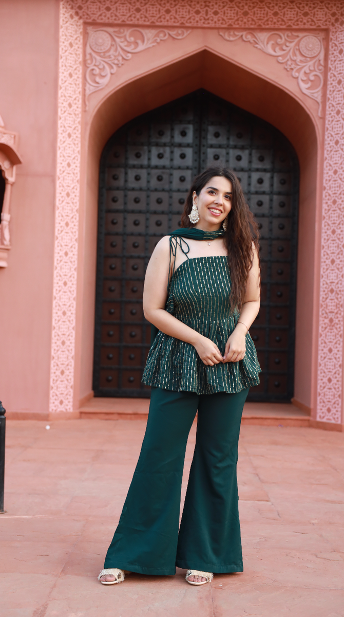 Women Green Wrap Peplum Top With Bellbottom Pants, Peplum Top With Palazzo, Peplum  Top With Pants, Peplum Tops For Lehenga, पेप्लम टॉप - NOZ2TOZ, New Delhi