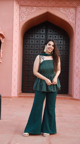 Women s Dark Green Peplum Kurta Set with Bell Bottom Pant Heli